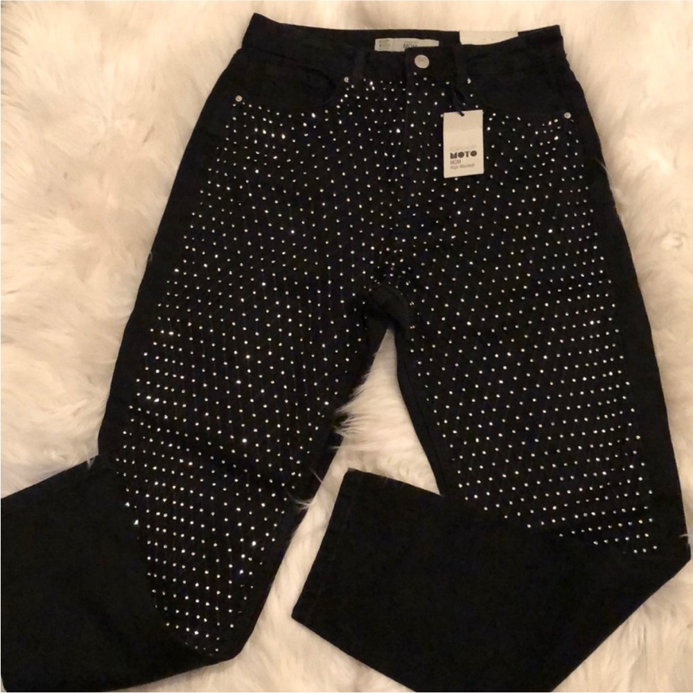 Topshop High-Waist Black Jeans with Silver netted Sparkle embellishment